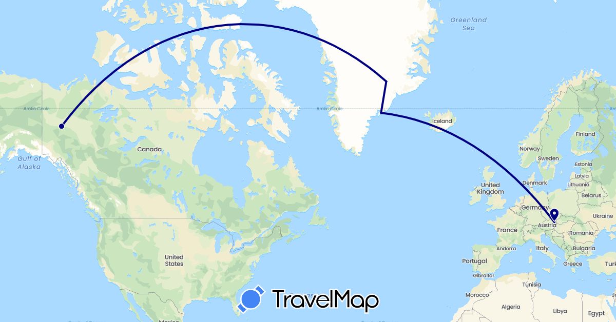 TravelMap itinerary: driving in Austria, Canada, Greenland (Europe, North America)